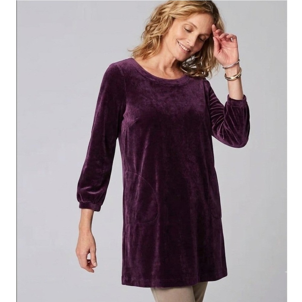 Pure Jill Velvet‎ Tunic Dress Womens S Petite Purple Long Sleeve Pockets Shift